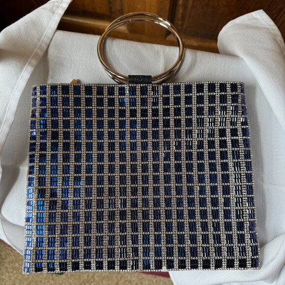 Nina Sandia Blue & Diamond Crystal Embellished Evening Bag w/Silver Rings Handle - Picture 16 of 16